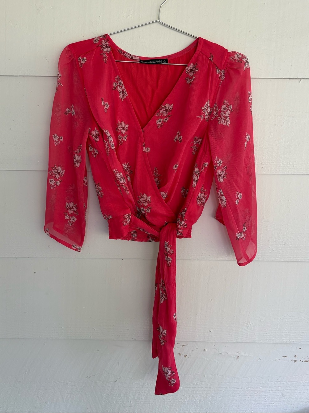 Abercrombie & Fitch Floral Wrap Crop Top Pink Sheer Tie Front Women’s Small Boho